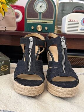 Michael Kors Black Canvas Zip Front Espadrille Wedge Sandals